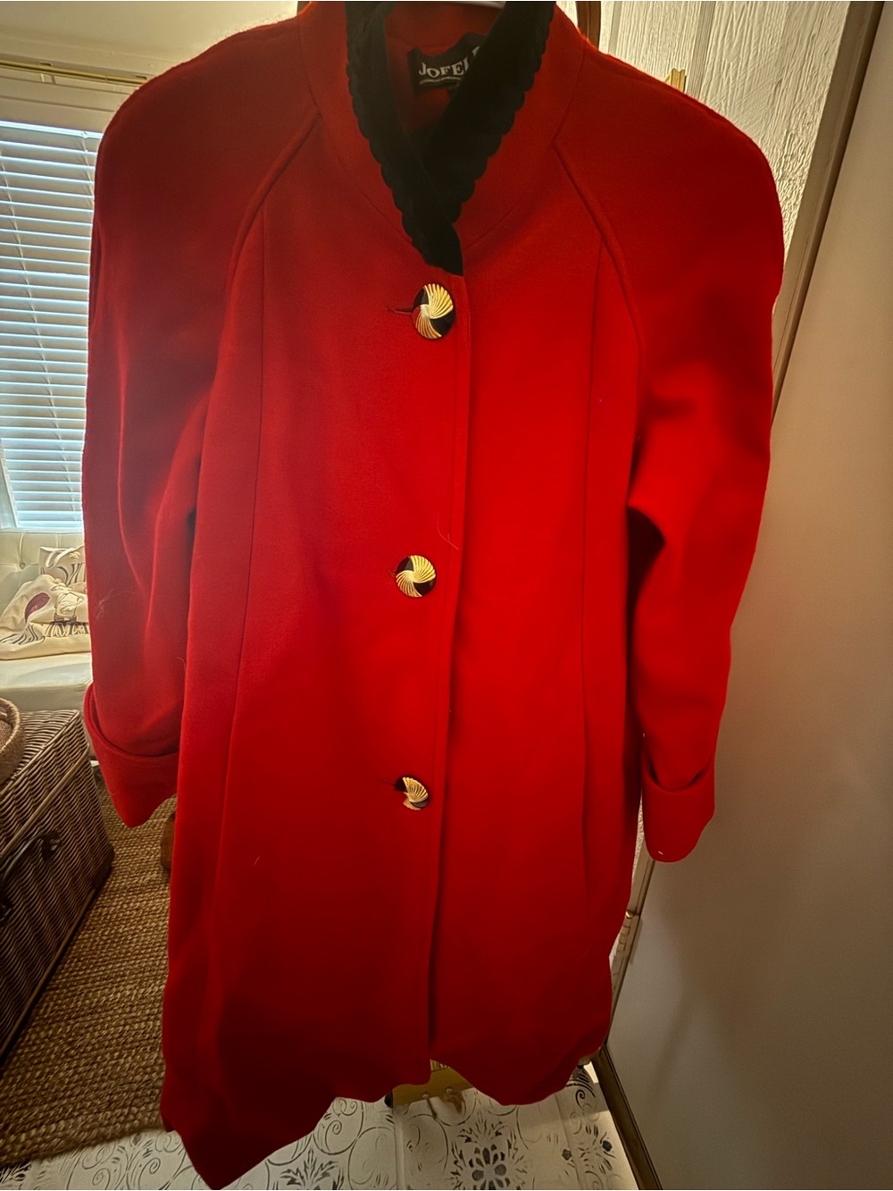 Vintage Red JofeldWomen's Coat with Gold and Black statement Buttons 100% Cotton
